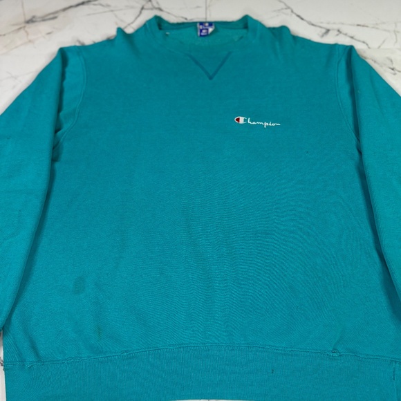 VINTAGE 90s CHAMPION CREW NECK SWEATSHIRT SZ XL TEAL BLUE THRASHED/FADED - Picture 5 of 12